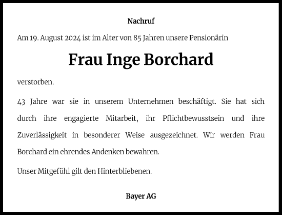 Anzeige von Inge Borchard von Kölner Stadt-Anzeiger / Kölnische Rundschau / Express