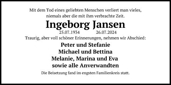 Anzeige von Ingeborg Jansen von Kölner Stadt-Anzeiger / Kölnische Rundschau / Express