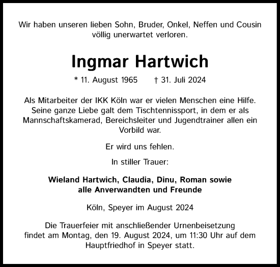 Anzeige von Ingmar Hartwich von Kölner Stadt-Anzeiger / Kölnische Rundschau / Express