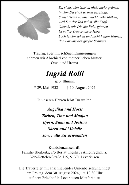 Anzeige von Ingrid Rolli von Kölner Stadt-Anzeiger / Kölnische Rundschau / Express