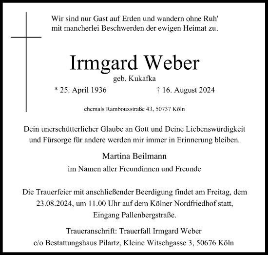 Anzeige von Irmgard Weber von Kölner Stadt-Anzeiger / Kölnische Rundschau / Express