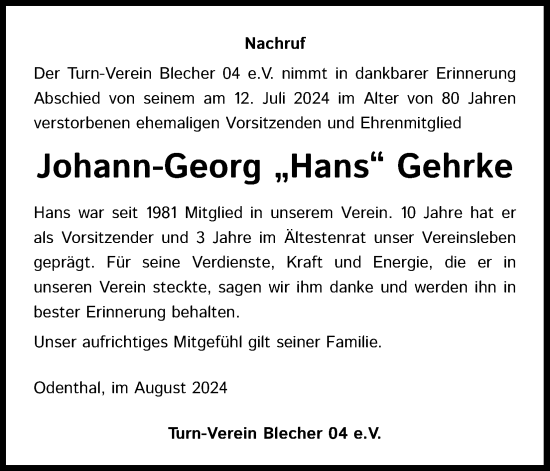 Anzeige von Johann-Georg Gehrke von Kölner Stadt-Anzeiger / Kölnische Rundschau / Express