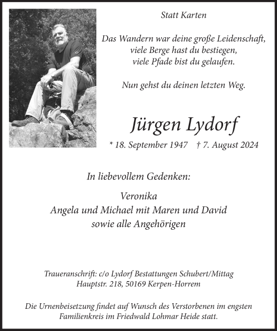 Anzeige von Jürgen Lydorf von  Werbepost 