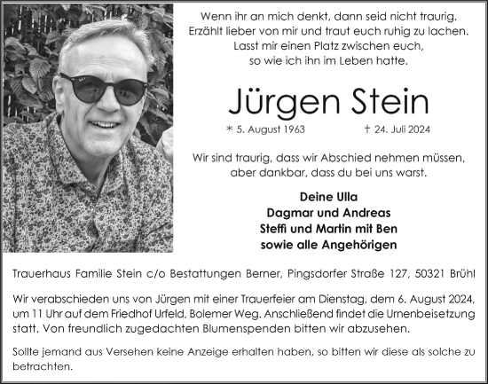 Anzeige von Jürgen Stein von  Schlossbote/Werbekurier 