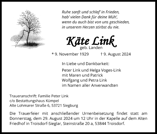 Anzeige von Käte Link von Kölner Stadt-Anzeiger / Kölnische Rundschau / Express