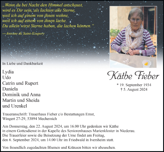 Anzeige von Käthe Fieber von  Blickpunkt Euskirchen 