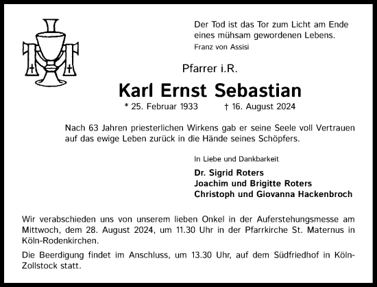 Anzeige von Karl Ernst Sebastian von Kölner Stadt-Anzeiger / Kölnische Rundschau / Express