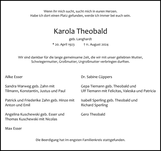 Anzeige von Karola Theobald von Kölner Stadt-Anzeiger / Kölnische Rundschau / Express