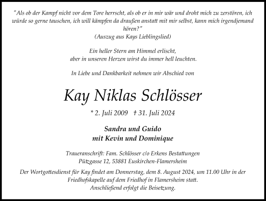 Anzeige von Kay Niklas Schlösser von Kölner Stadt-Anzeiger / Kölnische Rundschau / Express
