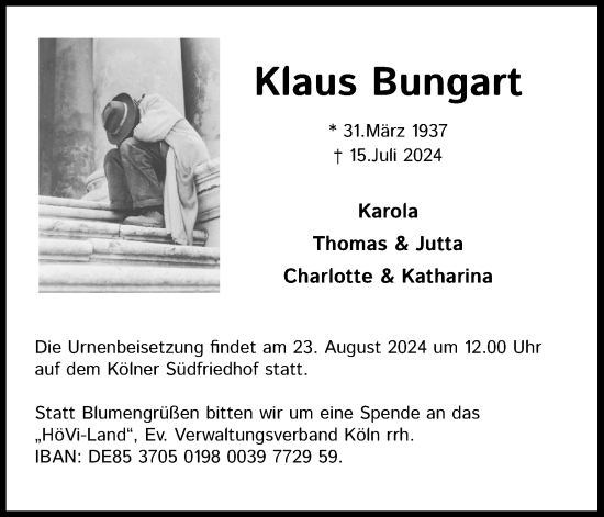 Anzeige von Klaus Bungart von Kölner Stadt-Anzeiger / Kölnische Rundschau / Express