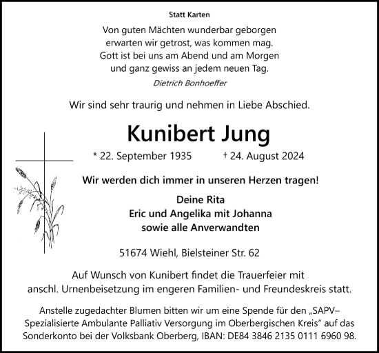 Anzeige von Kunibert Jung von  Anzeigen Echo 