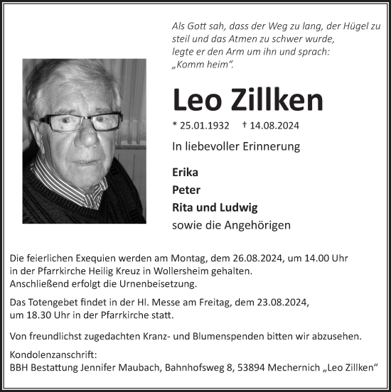 Anzeige von Leo Zillken von  Blickpunkt Euskirchen 