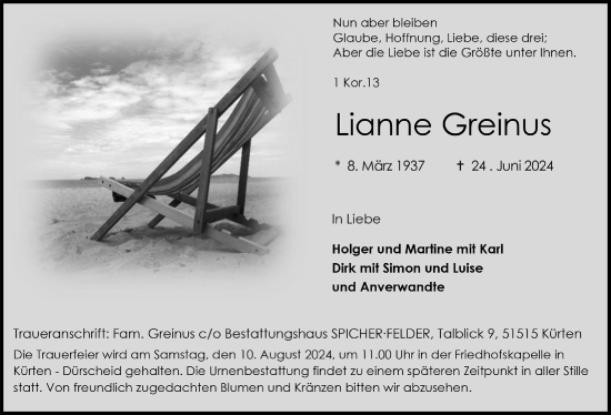 Anzeige von Lianne Greinus von  Bergisches Handelsblatt 