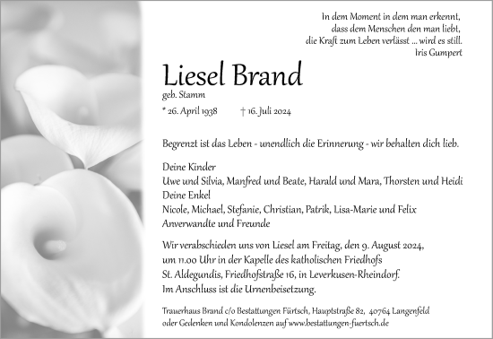 Anzeige von Liesel Brand von Kölner Stadt-Anzeiger / Kölnische Rundschau / Express