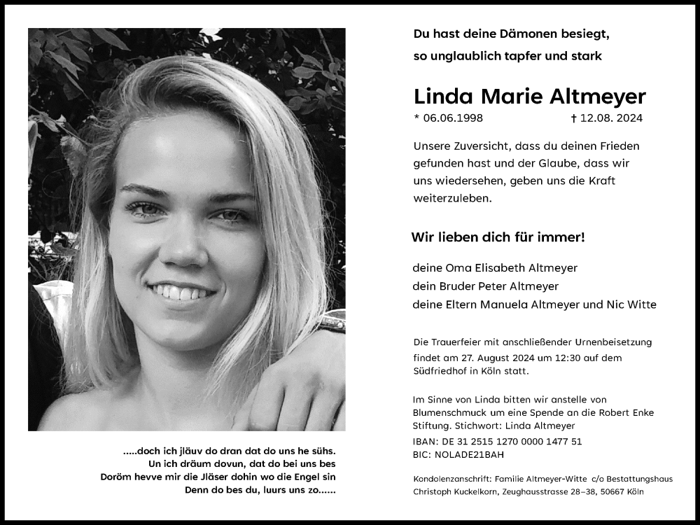  Traueranzeige für Linda Marie Altmeyer vom 24.08.2024 aus Kölner Stadt-Anzeiger / Kölnische Rundschau / Express