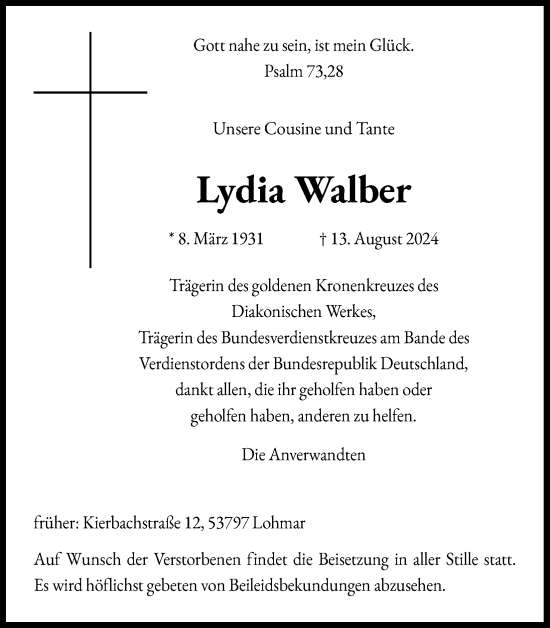 Anzeige von Lydia Walber von Kölner Stadt-Anzeiger / Kölnische Rundschau / Express