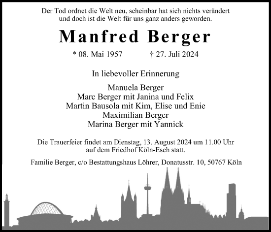 Anzeige von Manfred Berger von Kölner Stadt-Anzeiger / Kölnische Rundschau / Express