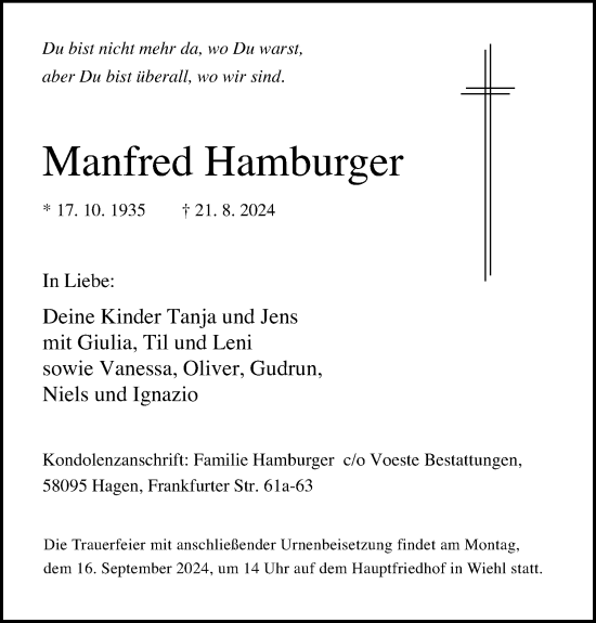 Anzeige von Manfred Hamburger von Kölner Stadt-Anzeiger / Kölnische Rundschau / Express