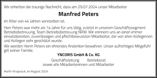 Anzeige von Manfred Peters von  Wochenende  Schlossbote/Werbekurier  Werbepost 