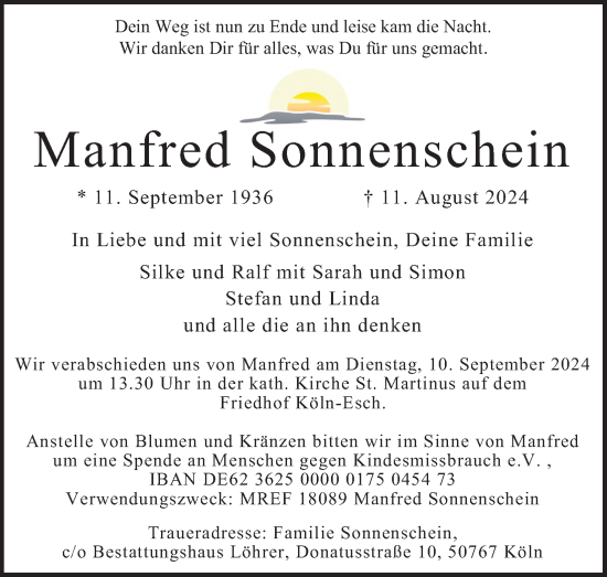 Anzeige von Manfred Sonnenschein von Kölner Stadt-Anzeiger / Kölnische Rundschau / Express