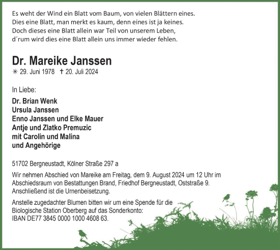 Anzeige von Mareike Janssen von  Anzeigen Echo 