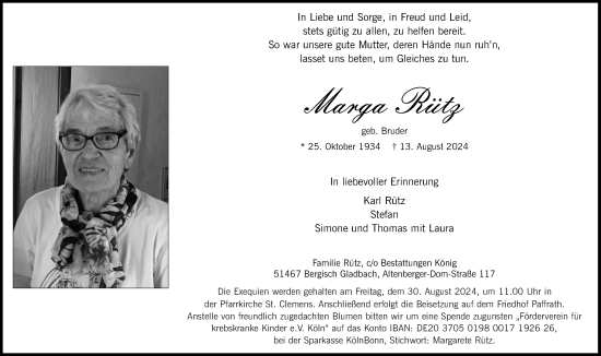Anzeige von Marga Rütz von Kölner Stadt-Anzeiger / Kölnische Rundschau / Express