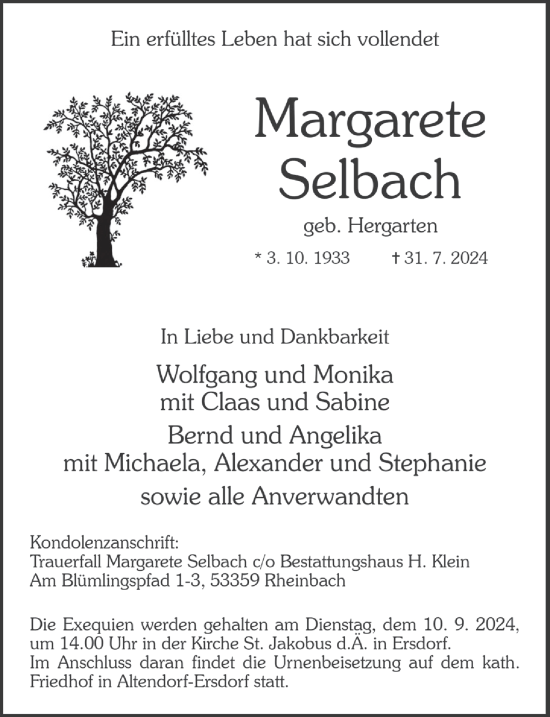 Anzeige von Margarete Selbach von  Schaufenster/Blickpunkt 