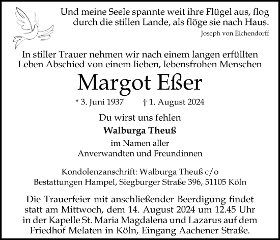Anzeige von Margot Eßer von Kölner Stadt-Anzeiger / Kölnische Rundschau / Express