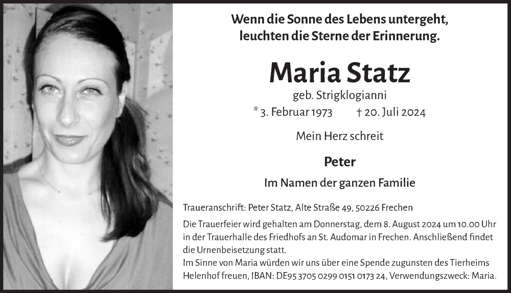  Traueranzeige für Maria Statz vom 02.08.2024 aus  Wochenende 