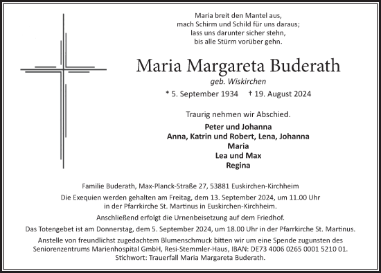Anzeige von Maria Margareta Buderath von  Blickpunkt Euskirchen 
