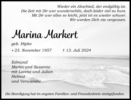 Anzeige von Marina Markert von Kölner Stadt-Anzeiger / Kölnische Rundschau / Express