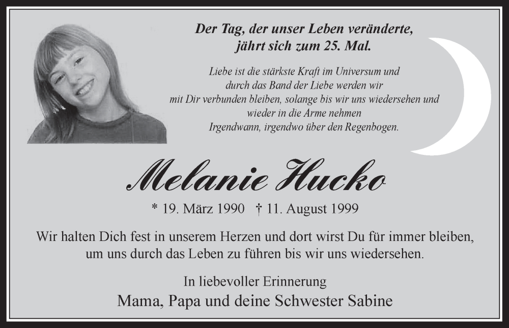 Traueranzeige für Melanie Hucko vom 09.08.2024 aus  Werbepost 