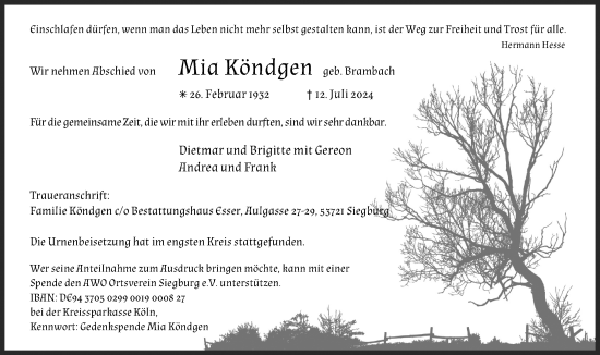 Anzeige von Mia Köndgen von Kölner Stadt-Anzeiger / Kölnische Rundschau / Express