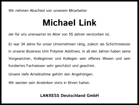 Anzeige von Michael Link von Kölner Stadt-Anzeiger / Kölnische Rundschau / Express