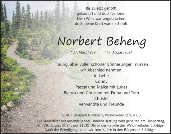 Anzeige von Norbert Beheng von  Bergisches Handelsblatt 