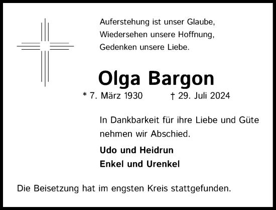 Anzeige von Olga Bargon von Kölner Stadt-Anzeiger / Kölnische Rundschau / Express