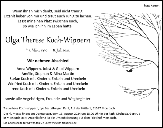 Anzeige von Olga Therese Koch-Wippern von  Lokalanzeiger 
