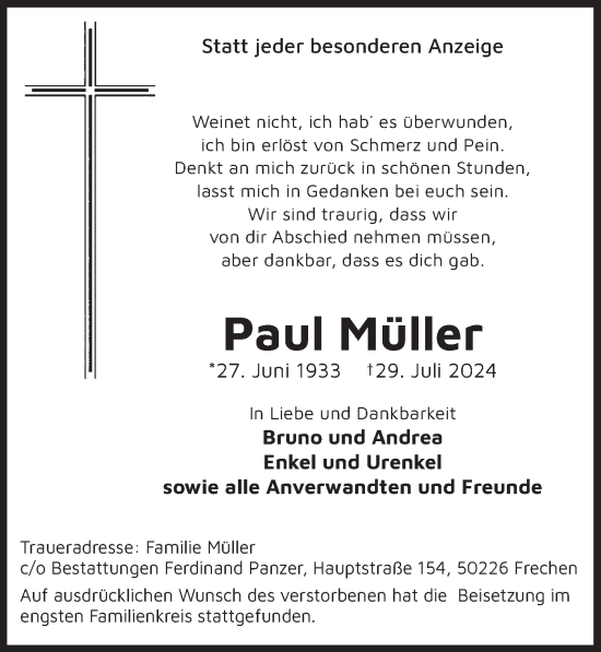 Anzeige von Paul Müller von  Wochenende 