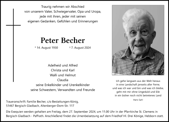 Anzeige von Peter Becher von Kölner Stadt-Anzeiger / Kölnische Rundschau / Express
