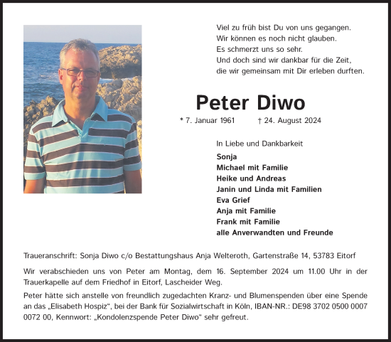 Anzeige von Peter Diwo von Kölner Stadt-Anzeiger / Kölnische Rundschau / Express