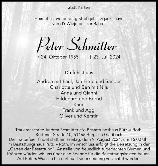 Anzeige von Peter Schmitter von Kölner Stadt-Anzeiger / Kölnische Rundschau / Express