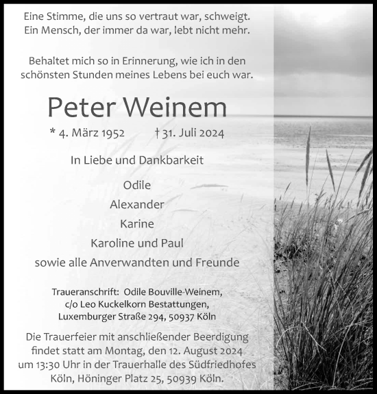 Anzeige von Peter Weinem von Kölner Stadt-Anzeiger / Kölnische Rundschau / Express