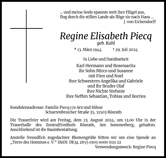 Anzeige von Regine Elisabeth Piecq von Kölner Stadt-Anzeiger / Kölnische Rundschau / Express