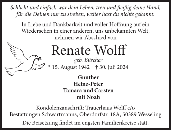 Anzeige von Renate Wolff von  Schlossbote/Werbekurier 