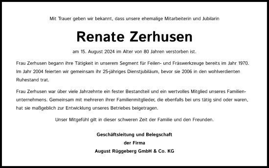 Anzeige von Renate Zerhusen von Kölner Stadt-Anzeiger / Kölnische Rundschau / Express