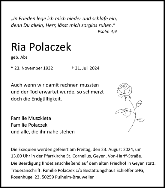 Anzeige von Ria Polaczek von Kölner Stadt-Anzeiger / Kölnische Rundschau / Express