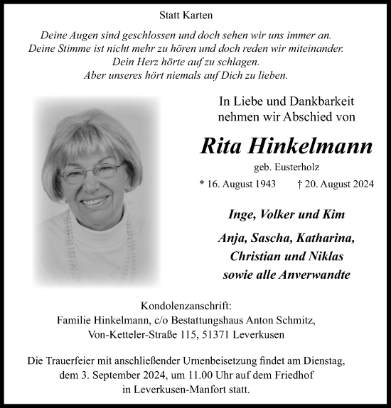Anzeige von Rita Hinkelmann von Kölner Stadt-Anzeiger / Kölnische Rundschau / Express