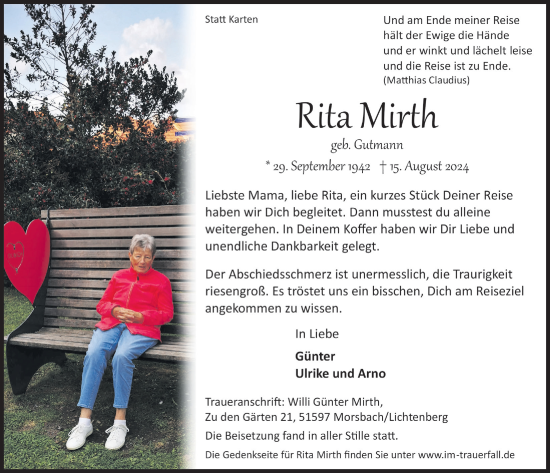 Anzeige von Rita Mirth von  Lokalanzeiger 