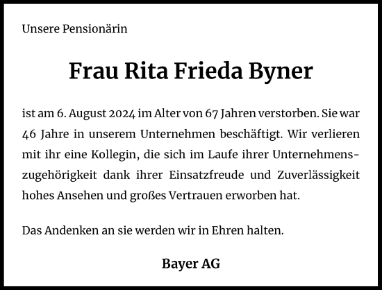 Anzeige von Rita Frieda Byner von Kölner Stadt-Anzeiger / Kölnische Rundschau / Express