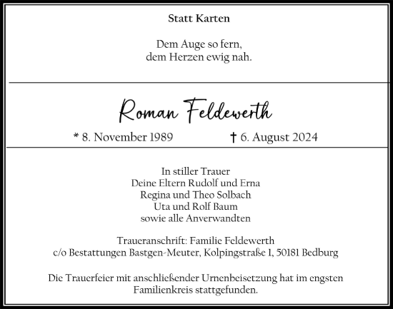 Anzeige von Roman Feldewerth von  Werbepost 